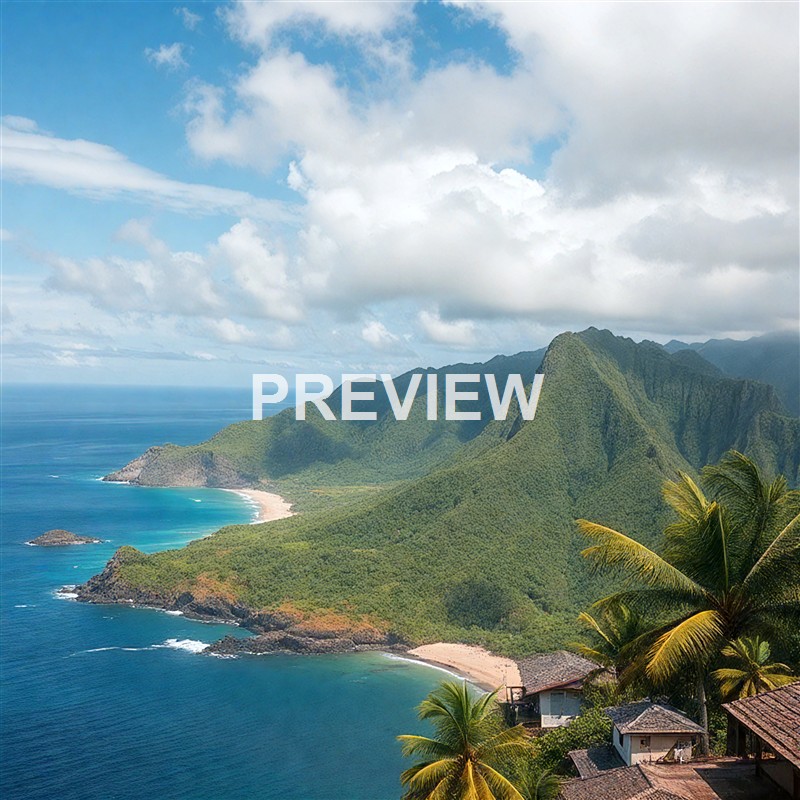 A lush green mountain landscape with a sandy beach and the ocean in the background, partially covered by clouds, with some palm trees and buildings in the foreground.